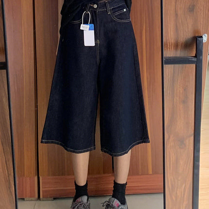 American-Style Dark Blue Wide-Leg Jeans for Women, 2025 Autumn New Straight Loose Slimming Lazy Design Floor-Length Pants
