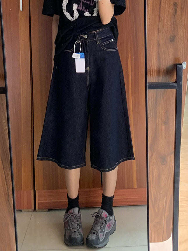 American-Style Dark Blue Wide-Leg Jeans for Women, 2025 Autumn New Straight Loose Slimming Lazy Design Floor-Length Pants