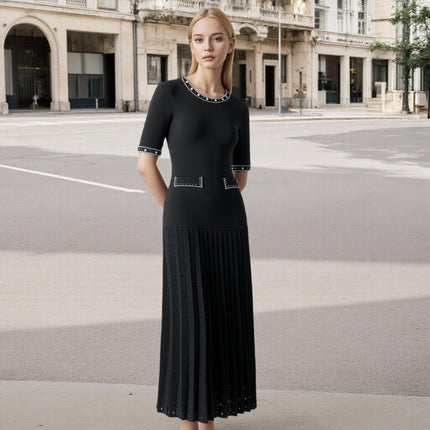 Cross-Border European and American Women's Clothing Round Neck Heavy Beaded Knitted Short-Sleeved Long Skirt Elegant Waist Pleated Skirt Slim Dress