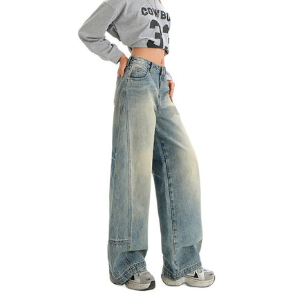 2025 New American Retro Style Women's Distressed Patchwork Design Floor-Length Jeans with Extended Length