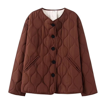 European and American Style Cross-Border Export Women's 2025 Fashionable Autumn and Winter Simple and Versatile Round Neck Long-Sleeved Cotton Jacket Quilted Cotton Jacket