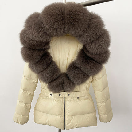 25 New Foreign Trade Hot Style Short Women's Real Fox Fur Collar down Jacket Thickened Slim Waist Fur down Jacket