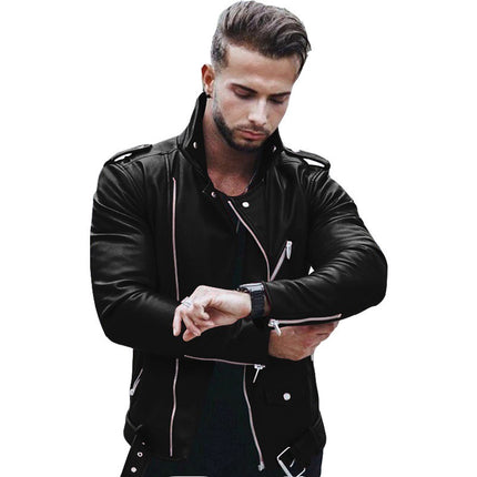 2025 Autumn Foreign Trade Amazon Men's Jacket Wish Fashion Slim High Collar Patchwork Motorcycle Leather Jacket