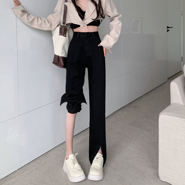 Spring New High Waist Split Jeans Women's Wide Leg Loose Large Size Slimming Straight Dipped Split Floor Trousers