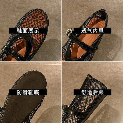 Ballet Shoes Women's Flats Hollow Out Mary Jane Single Shoes Fishnet Shoes 2025 Summer New Sandals Women Mesh Shoes