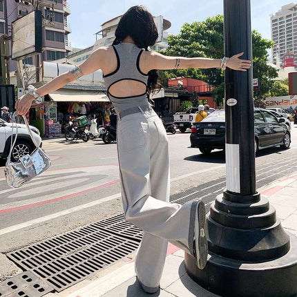 Wholesale Dropshipping Trendy Design Color-Blocking High-Waisted Wide-Leg Jeans for Women Spring and Summer Loose Slimming Floor-Length