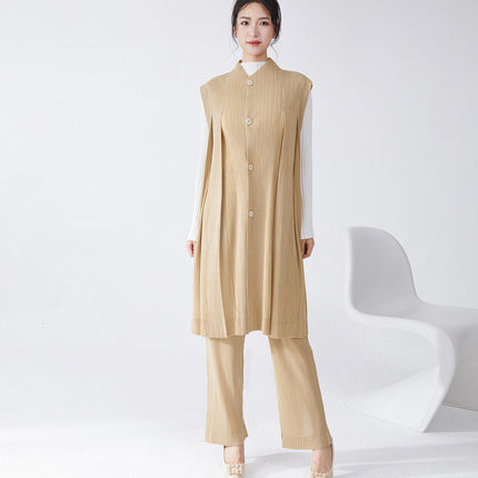 Miyake suit Women's High-end Professional Commuting All-match Mid-length Vest Cardigan Jacket Straight Pants Two-piece Set