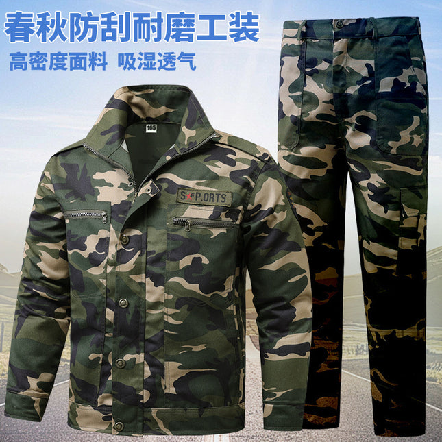 Workwear Set for Men, Labor Protection Clothing, Spring and Autumn Camouflage Wear, Durable Construction Site Work Clothes, Multi-Pocket Mechanic's Suit