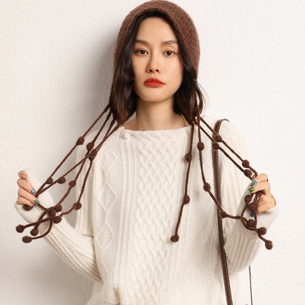 Handmade Fashionable Dirty Braid Ball Tassel Thickeneded Warm Cashmere Knitted Cut Out Toe Cap Ear Protection Hat Autumn and Winter