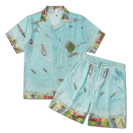 Foreign Trade Casual Hawaiian Beach Printed Short-Sleeved Shirt Cuban Collar European and American Retro Vacation Shorts Two-Piece Set