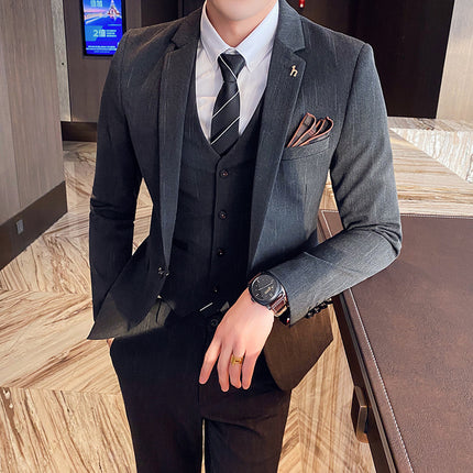 Long-term men's suit suit Korean slim fit suit three-piece suit solid color casual formal suit suit men