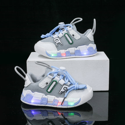 2022 spring and autumn mesh sports shoes with lights children's shoes breathable casual boys and girls letters baby children's shoes in stock