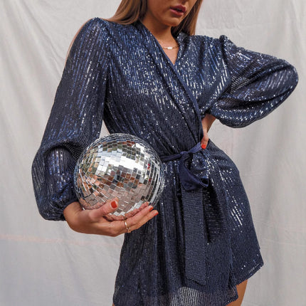 2025 New Sequin Mini Wrap Dress Women's V-Neck Long Sleeve Puff Sleeve Glitter Wrap Party Outfit