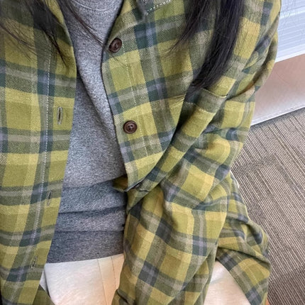 Green Plaid Shirt with Design Sense Niche 2025 Spring and Autumn New Shirt Coat High Sense Long Sleeve Top