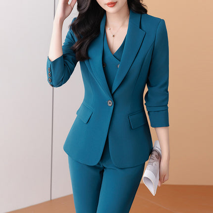 Blue suit suit female 2024 spring and autumn long sleeve professional self-cultivation temperament goddess fan manager white collar tooling suit