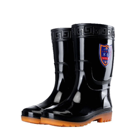 Military-Style Mid-High Rain Boots for Men and Women, Shield Logo Labor Protection Rain Boots, Short Slip-On Black Rubber Sole Water Shoes, Non-Slip Water Boots