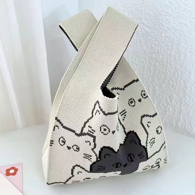Knitted Cat Handbag, Trendy Cartoon Women's Bag, Versatile Bag, Lunch Bag, Hand-Carry Shoulder Bag, Small Square Bag, Portable