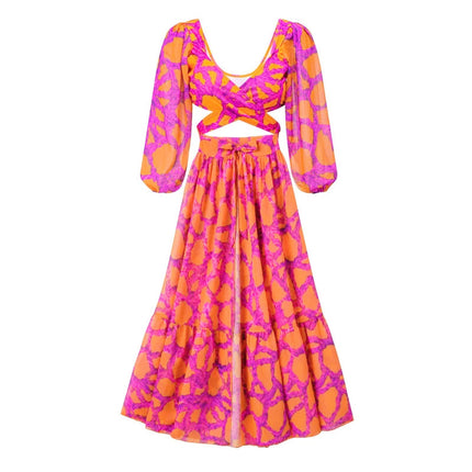 2024 European and American New Bikini V Neck Long-Sleeved Back Strap Printed High-Waisted Split Clothing Umbrella Skirt Suit 2562