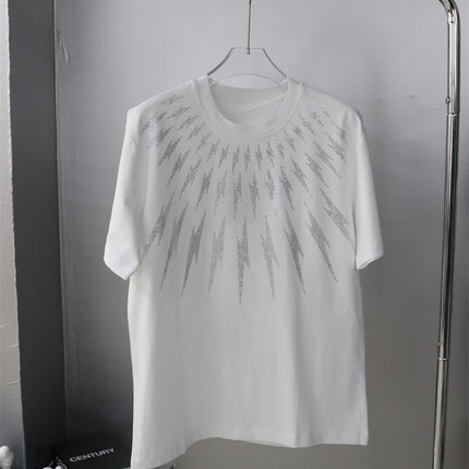 23 Large Edition Heavy-Duty Rhinestone Front and Back Lightning Design Unisex Loose Short-Sleeve T-Shirt Plus Size for Big and Tall Versatile Pure Cotton