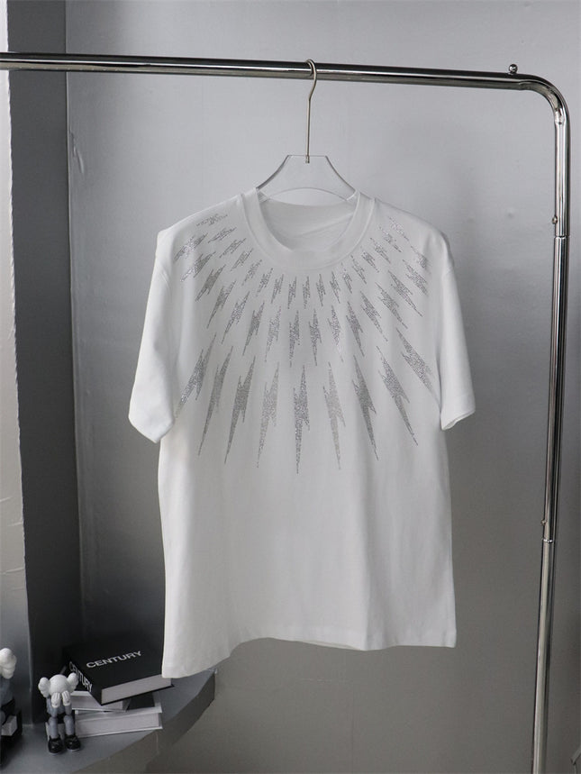 23 Large Edition Heavy-Duty Rhinestone Front and Back Lightning Design Unisex Loose Short-Sleeve T-Shirt Plus Size for Big and Tall Versatile Pure Cotton