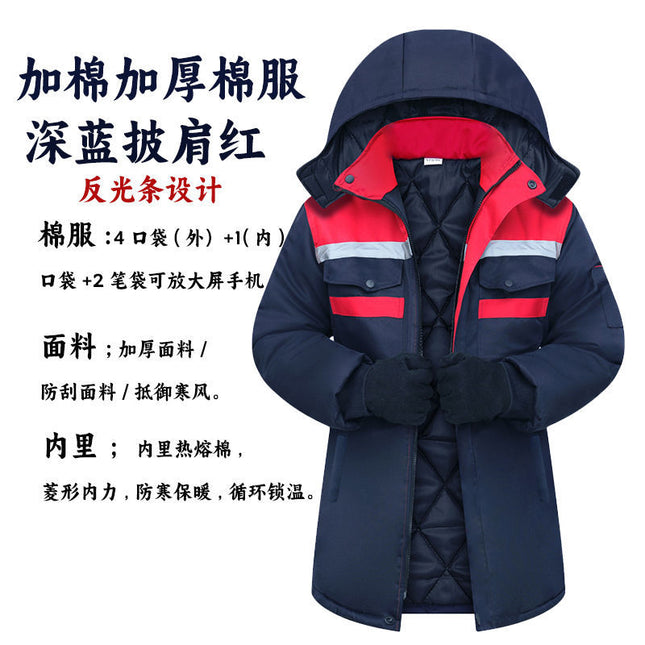 Logo Printed Winter Work Cotton Jacket, Warm Mid-Length Cotton Coat, Mechanic/Auto Repair Cotton Jacket, Cold Storage Clothing, Thickened for Cold Protection
