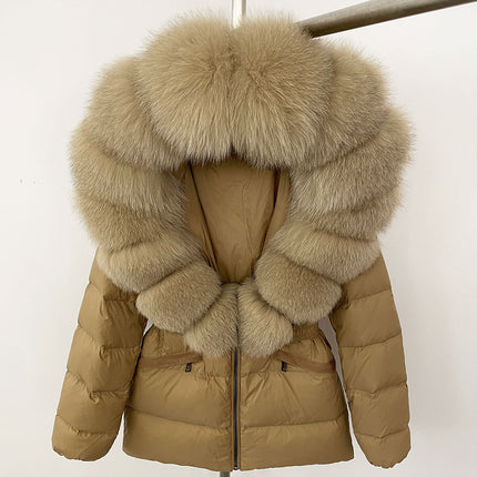 25 New Foreign Trade Hot Style Short Women's Real Fox Fur Collar down Jacket Thickened Slim Waist Fur down Jacket