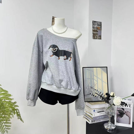 Yuxiao Xiaoyun's Same Style American Retro Pearl Dachshund Dog Slanted Shoulder Loose Casual Round Neck Printed Sweatshirt for Women