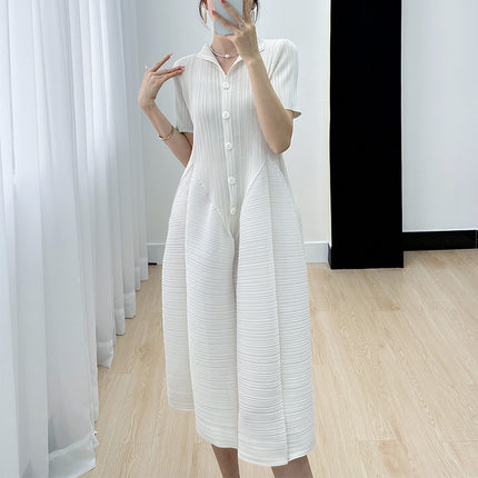 Foreign trade high-end Sanzhai casual elegant gentle simple solid color pleated flower buds dress women's summer New