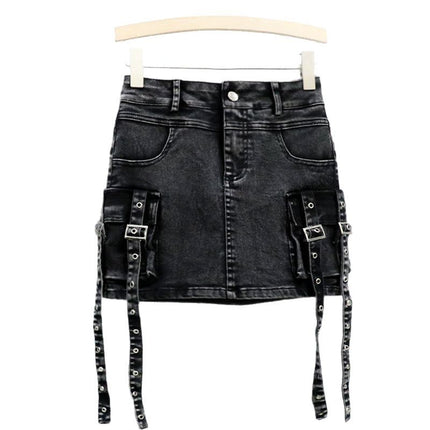 Retro Black and Gray Spicy Girl Style Ribbon Sweet Cool Denim Short Skirt for Women, Spring and Summer High-Waisted Workwear Ins Elastic Bodycon Skirt