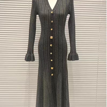 S2026 Spring and Autumn French Style New Women's Fashion European and American Socialite Fine Glitter Line V-Neck Single-Breasted Flared Sleeve Slim Dress