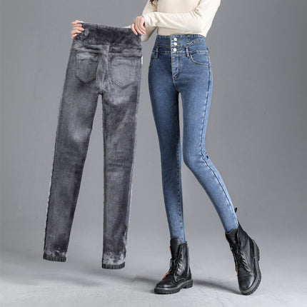 Super High Waist Jeans Women's Skinny 2024 Autumn and Winter New Fashionable fleece-lined Thickened Slimming Tall Pencil Pants