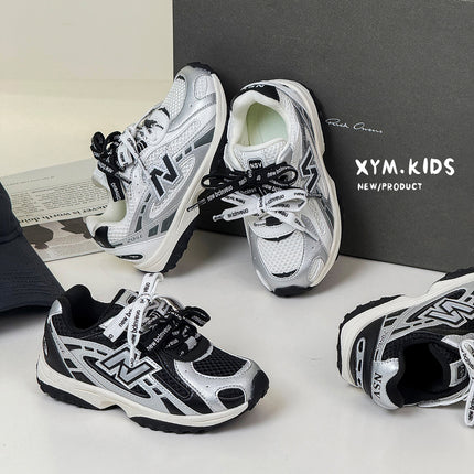 2025 Autumn New Children's Jogging Shoes Fashionable N-Shaped Double Lace-Up Mesh Breathable Sports Shoes for Boys and Girls