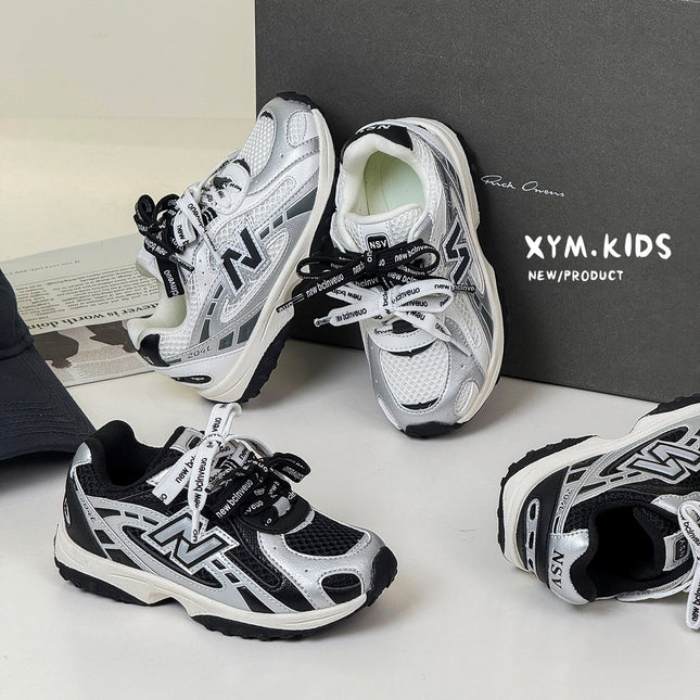2025 Autumn New Children's Jogging Shoes Fashionable N-Shaped Double Lace-Up Mesh Breathable Sports Shoes for Boys and Girls