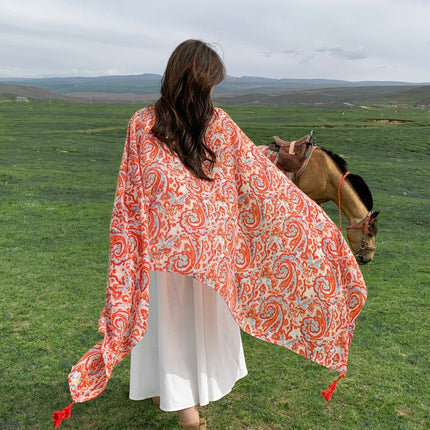 Spring and Autumn Thin Xiangyun Totem Printed Cotton and Linen Handfeel Scarf Ethnic Style Mid-length Travel Sunscreen Beach Towel for Women