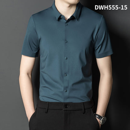 Summer New Vertical Striped Shirt for Men, Short-Sleeved Business Casual High-Elastic Seamless Shirt, Slim Fit Light Business