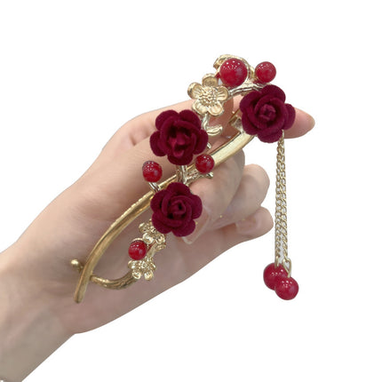 Red flocking plum blossom hair buckle clip headdress female summer tassel one-word hairpin back head hairpin hair clip