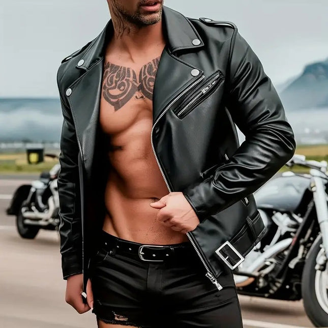 Cross-Border Men's Motorcycle Pu Leather Jacket Street Motorcycle Functional Style European and American Leather Jacket Fitted Handsome Zipper Leather Jacket