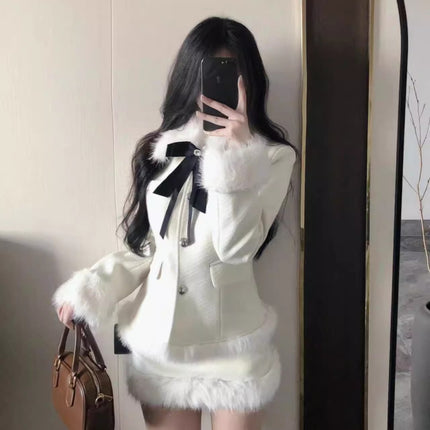 Korean Drama Daughter Big Miss Tight Waist Slimming Woolen Coat Overskirt suit Women's cotton and thickening Warm Two-piece Set