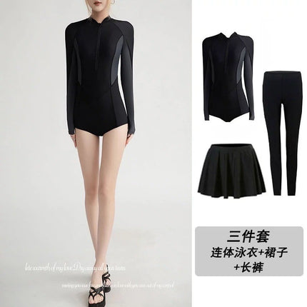 New Long-sleeved Swimsuit Women's Hot Spring Gathering Conservative Bikini Belly-covering Slim Surfing Swimsuit Ins Style