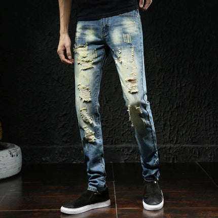 2025 Autumn Ripped Light Blue Jeans Men's Trendy Brand Slim Small Straight-Leg Pants Trendy Easiest for Match Beggar Pants