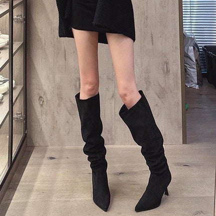 European and American Style Trendy Women's Retro Pointed Toe Stiletto High Heel Boots with Ruched Two-Way Wear Slouch Boots in Khaki Gray Long Boots