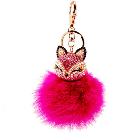 Cute creative diamond-encrusted fox head fur ball rabbit head car keychain to send girlfriend key chain metal pendant 801M