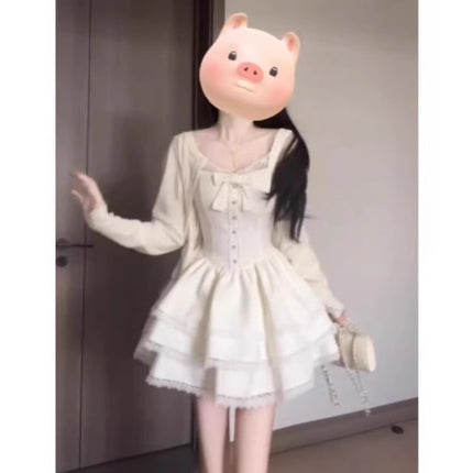 French Sweet Unique Super Good-looking Cardigan Coat Puffy Cake dress Two-piece Set for Small Spring and Autumn Wear