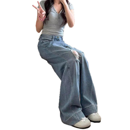 American Style Ripped Jeans for Women, Autumn New Plus-Size High-Waisted Pear-Shaped Figure Slimming Loose Wide-Leg Pants