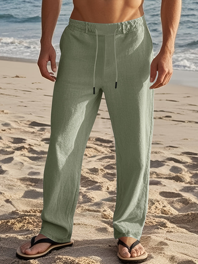Men's Casual Linen Drawstring Pants Olive Green Loose Cross-Border