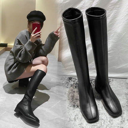 Long Boots for Women, Knight Boots, No More Than Knee-High Street Style Square-Toe Boots, Spring and Autumn New Style, Rear Zipper, Slimming High Boots for Women