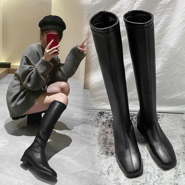 Long Boots for Women, Knight Boots, No More Than Knee-High Street Style Square-Toe Boots, Spring and Autumn New Style, Rear Zipper, Slimming High Boots for Women