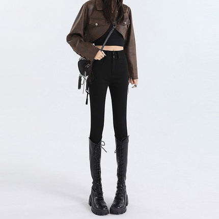 Vintage Blue fleece-lined Thickened Jeans Women's Autumn and Winter 2024 New High Waist Slimming Tight American Pencil Pencil Pants