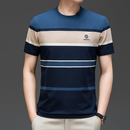 Mingdi Mouse Men's Summer New Thin Casual T-shirt Men's Round Neck Striped Business Short-sleeved Men's T-shirt Top