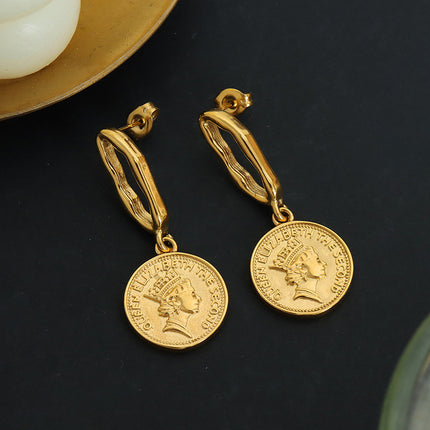 Cross-border European and American Fashion Figure Coin Roman Earrings Court Retro Personality Round Brand Stainless Steel Earrings Jewelry Women